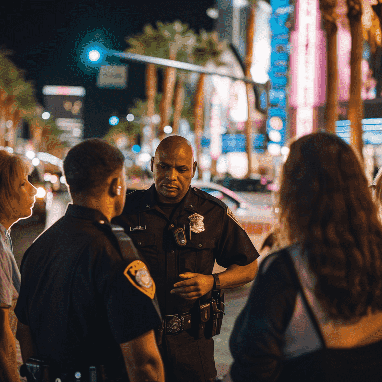 Las Vegas law enforcement officers engaging in a community discussion, illustrating their role in maintaining public order and safety.