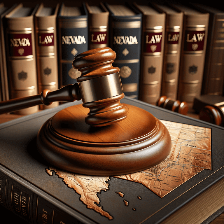 Gavel resting on a map of Nevada with legal books in the background, representing the state's legal considerations.