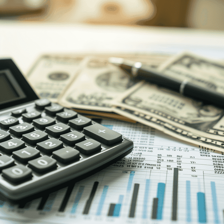 Calculator, financial charts, and cash on a legal document, depicting costs and financial considerations.