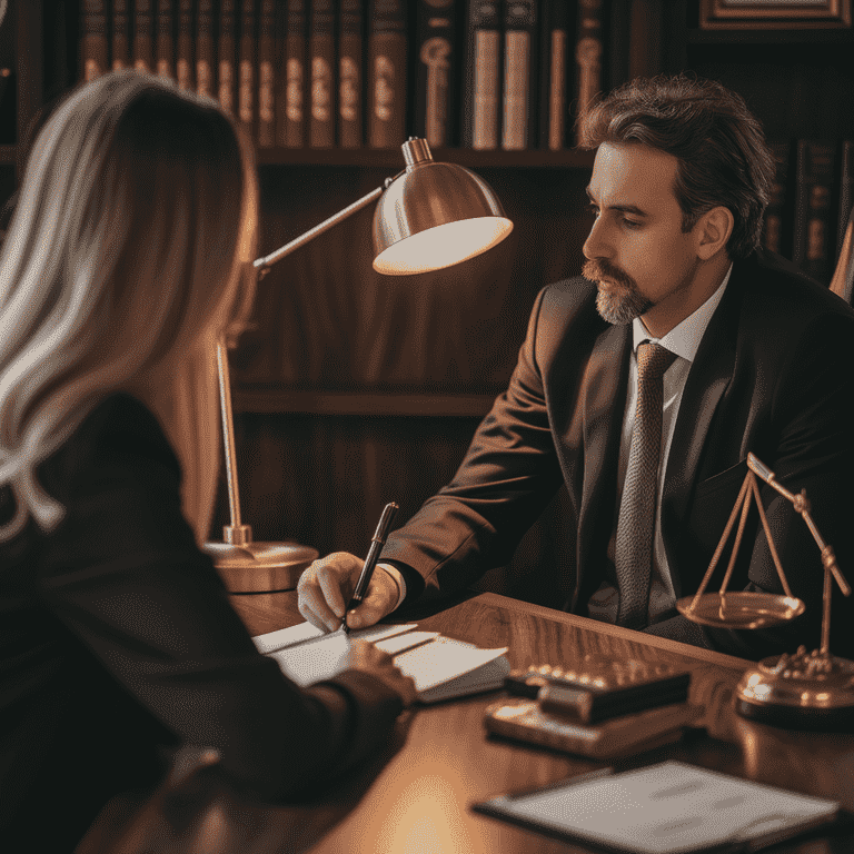 Man in suit and woman discuss documents at desk in dimly lit office with bookshelves.