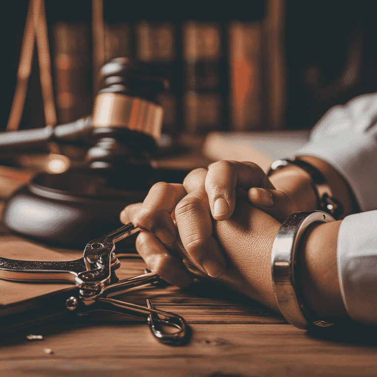 Handcuffs with Gavel and Legal Books Indicating Legal Responsibilities and Obligations
