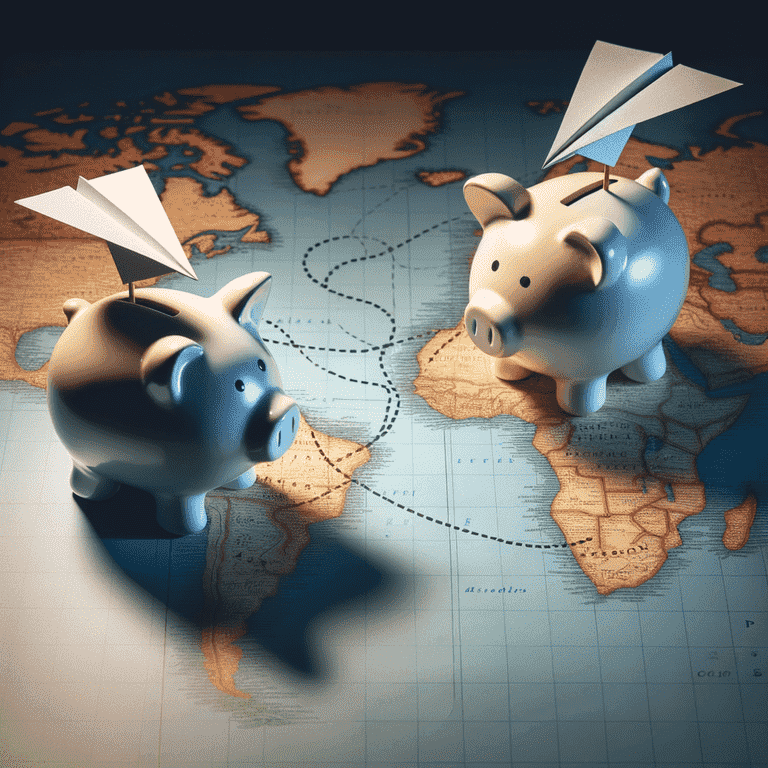 Two piggy banks on a map with a connecting dotted line, depicting the financial considerations in long-distance co-parenting.