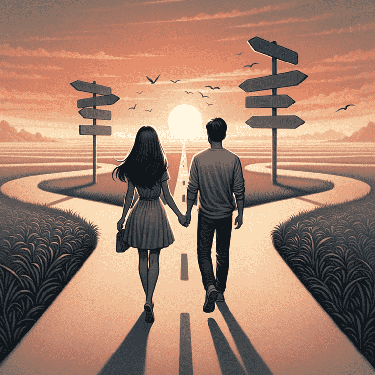 Couple holding hands at a crossroads path, depicting the journey of navigating dating and new relationships.