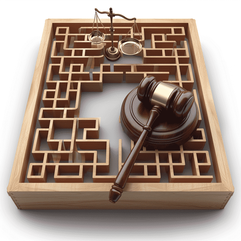 Maze with a gavel at the start and scales of justice at the center, depicting the complexity of navigating the legal system.