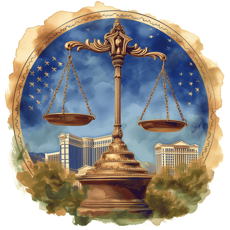 Scales of Justice with Nevada State Flag and Landmark in the Background.