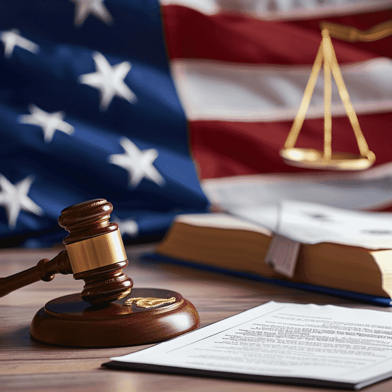 American flag with legal gavel and documents symbolizing state-specific legal considerations