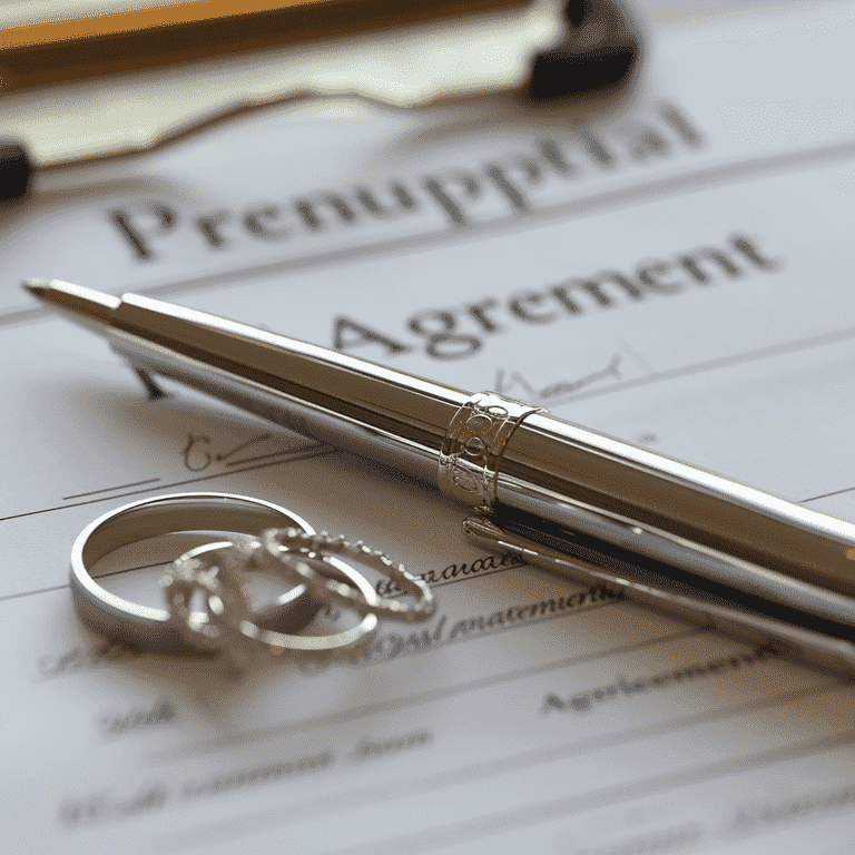 Prenuptial Agreement document with pen and wedding rings