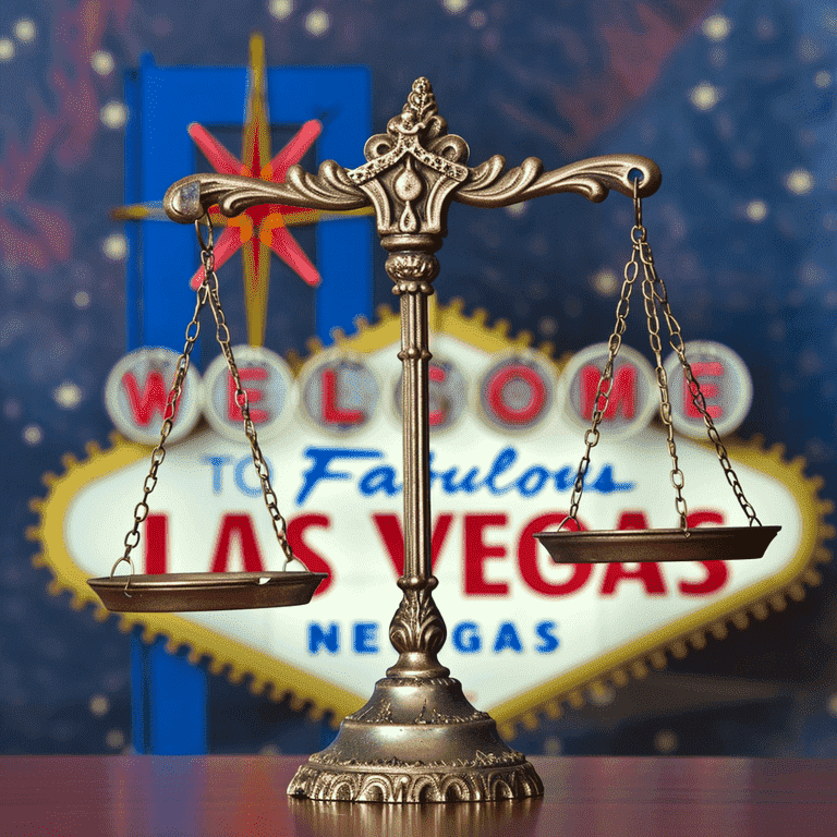 Scales of Justice in front of Nevada State Flag and Las Vegas Iconography