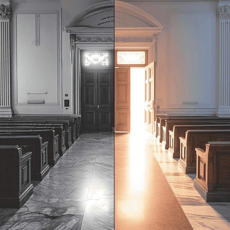 Split image of a courtroom and an open door to a bright future, symbolizing potential outcomes and consequences.