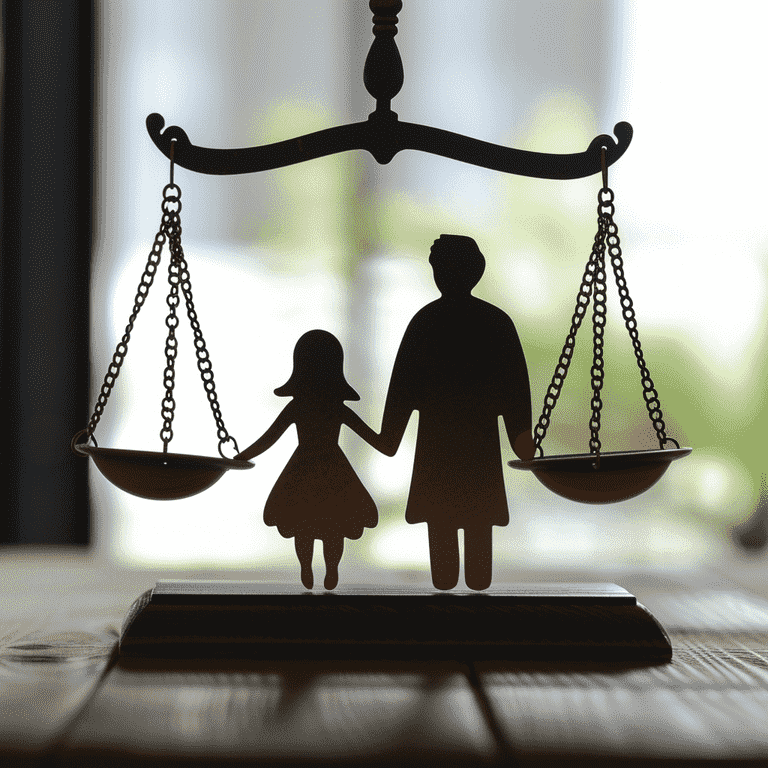 Balanced scale with symbols of parent and child, depicting the equilibrium between parental rights and child's preference.