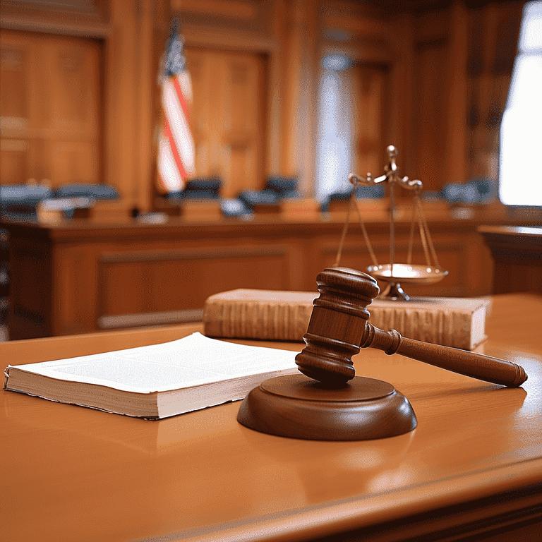 Courtroom setting with legal papers and a gavel on the defendant's table.