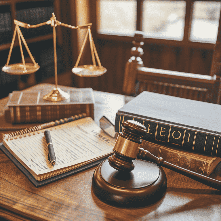 Desk with legal books, gavel, and notepad highlighting preventive measures and legal advice.