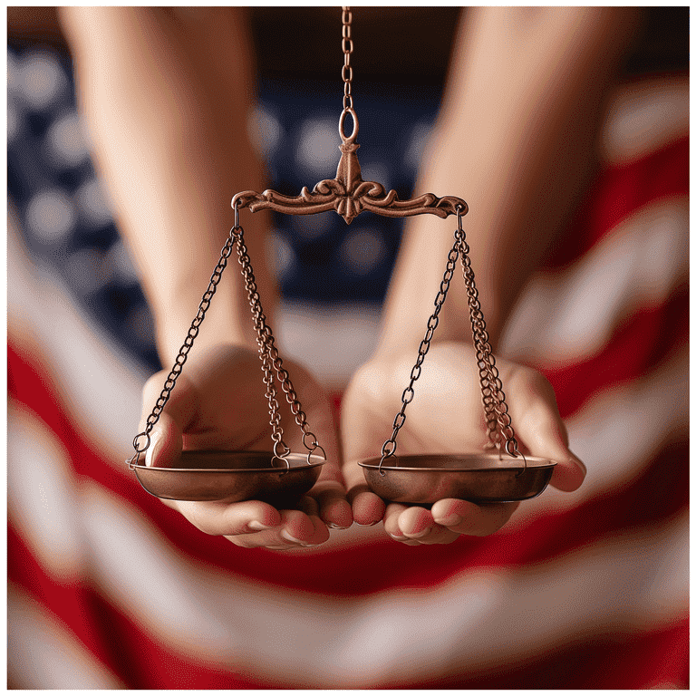 Hands holding the scales of justice with the American flag in the background, representing the protection of individual rights.