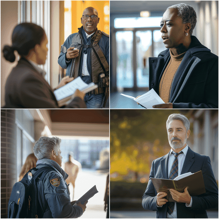 A four-image collage depicting diverse professionals in various legal and law enforcement roles