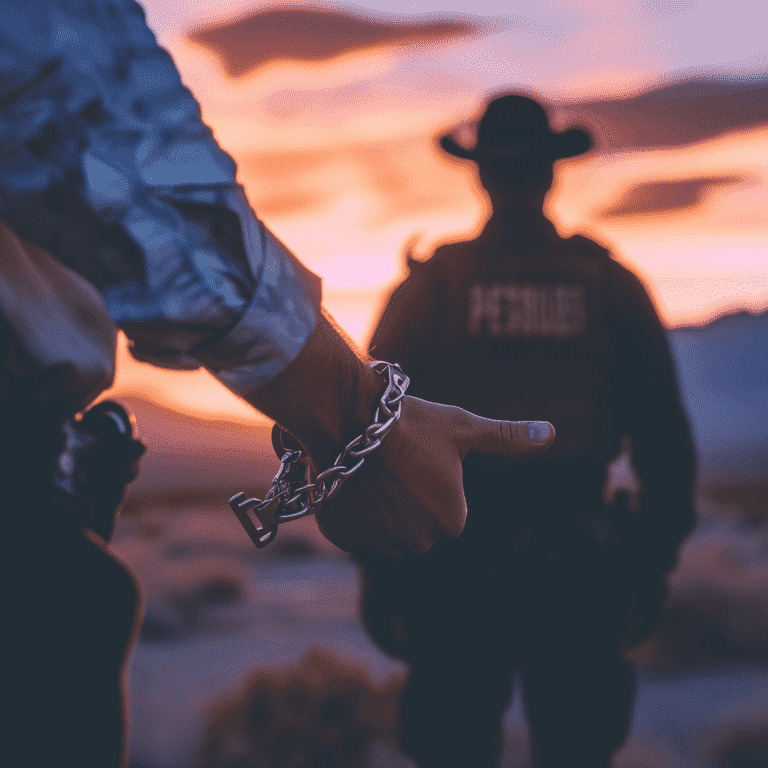 Individual being handcuffed with a composed posture while conversing with an officer, against a backdrop of the Nevada state outline.