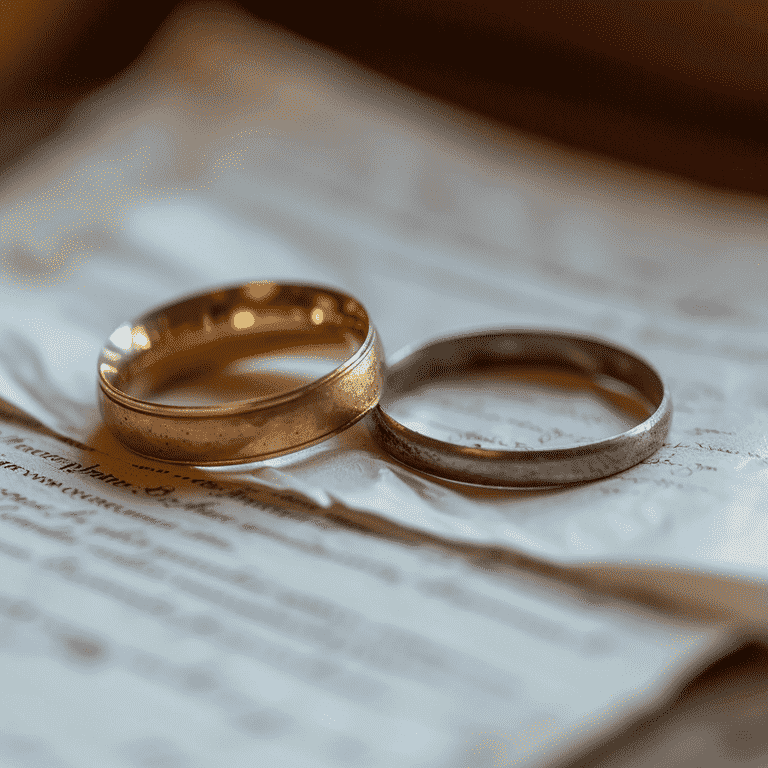 Wedding rings on a legal document with an empty space for a signature, symbolizing the refusal to sign divorce papers.