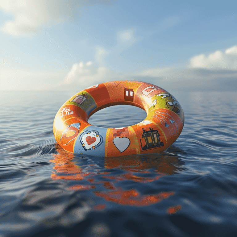 Lifebuoy with support icons representing different forms of assistance, symbolizing resources and support as a lifeline.
