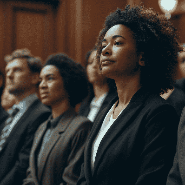 Diverse group of individuals showing respect in a courtroom setting, embodying the principles of legal respect and process.