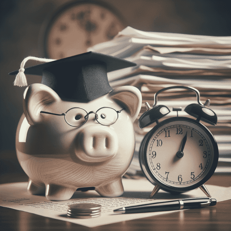 Piggy bank with retirement cap and clock symbolizing the division of retirement accounts and pensions in divorce.