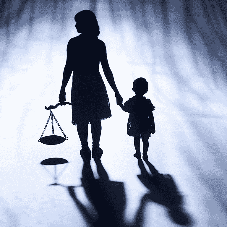 Mother and child holding hands with scales of justice in the background, representing the balance of rights and responsibilities in custody battles.
