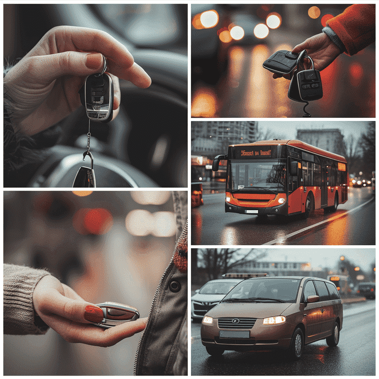 Collage: public bus, rideshare vehicle, and designated driver getting keys, safe transport options.