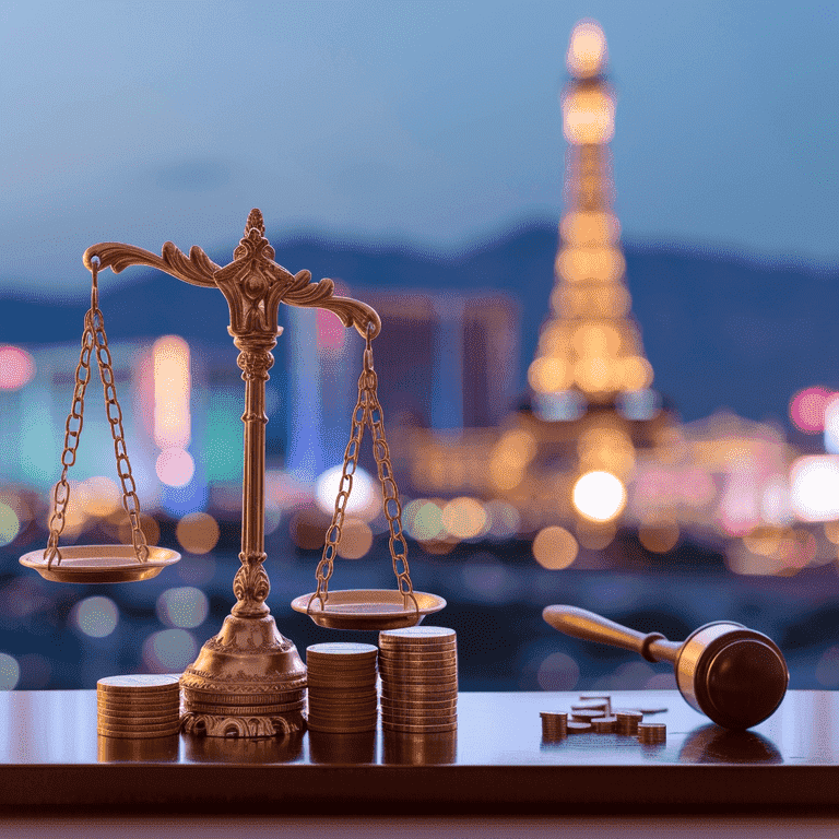 Scales of Justice balancing coins and legal documents with Las Vegas skyline in the background.