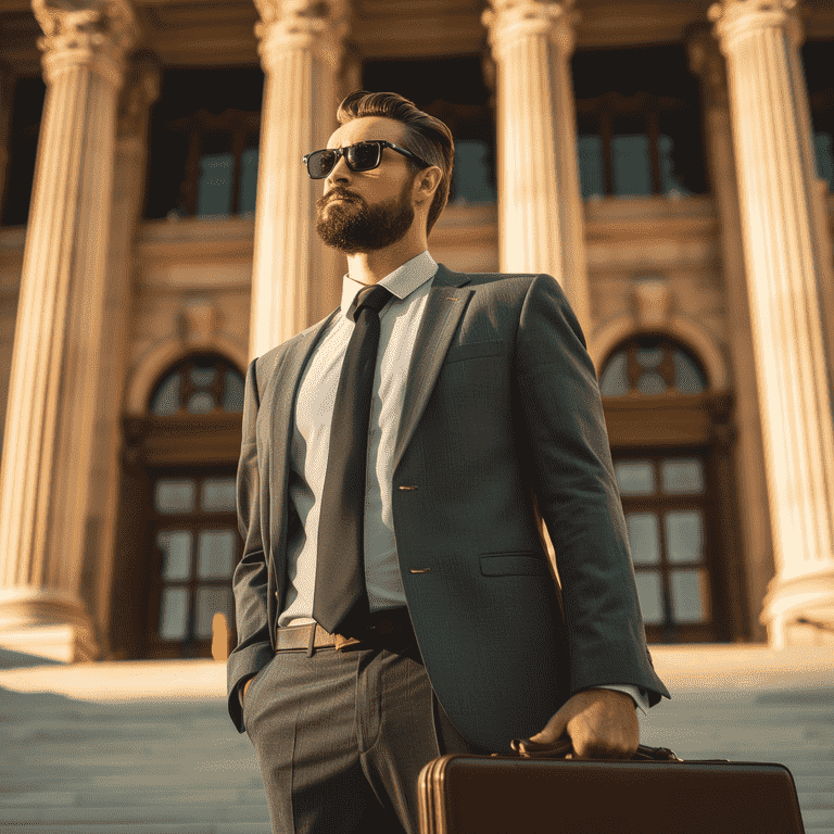 Confident defense attorney with briefcase in front of the Clark County Courthouse, representing the selection process in Las Vegas.