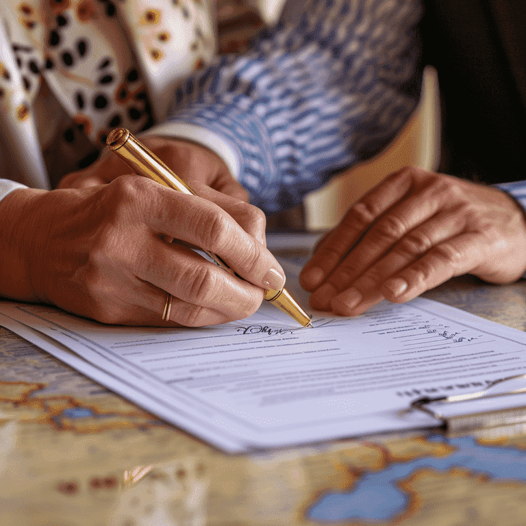 Hands signing a prenuptial agreement with a hint of Nevada's outline, symbolizing the state-specific legal process.