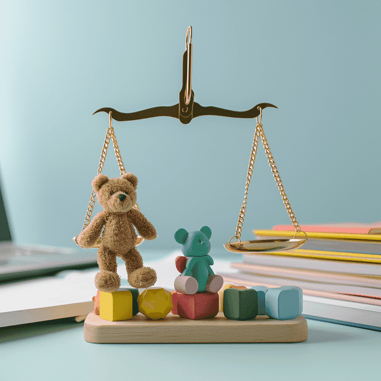 Balanced Scale with Children's Toys and Legal Documents Symbolizing the Considerations in Custody Cases