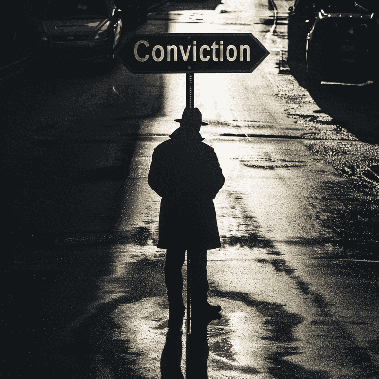 Person at a crossroads with signs for Conviction and Defense