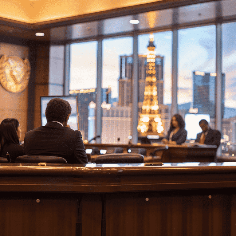 Defense attorney in courtroom with Las Vegas skyline, symbolizing legal defenses.