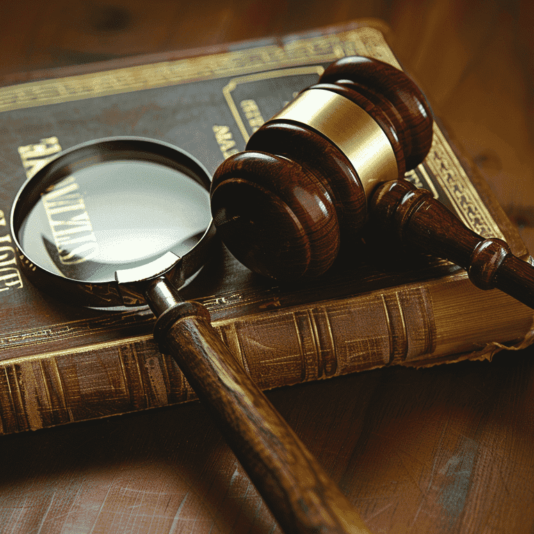 Gavel, legal books, and magnifying glass representing the scrutiny of crime elements.