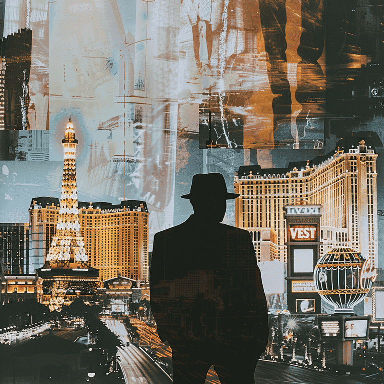 Iconic Las Vegas landmarks with a shadowy figure symbolizing hidden crimes.