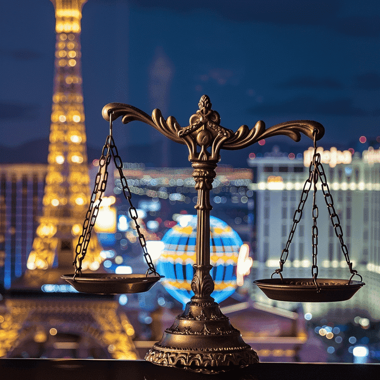 Scales of justice with Las Vegas backdrop illustrating penalties and sentencing.