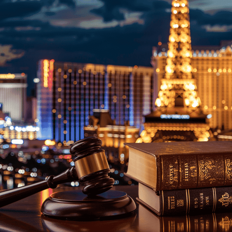 Legal gavel and books with Las Vegas skyline