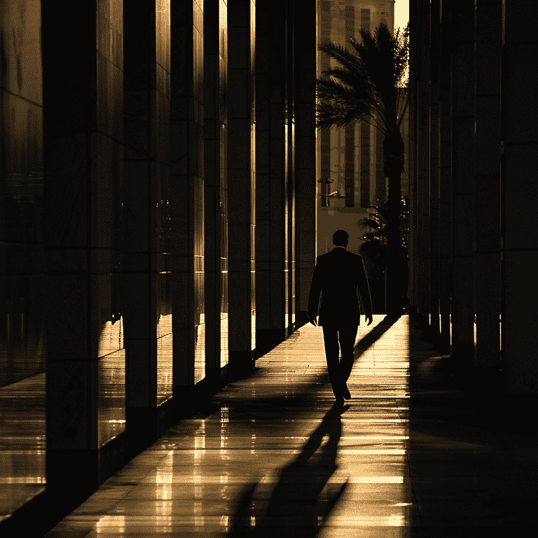 Figure Walking Away from Las Vegas Courthouse at Dusk