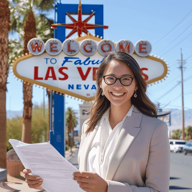 Confident attorney in front of Las Vegas sign, symbolizing dedicated legal assistance for truck accident victims.