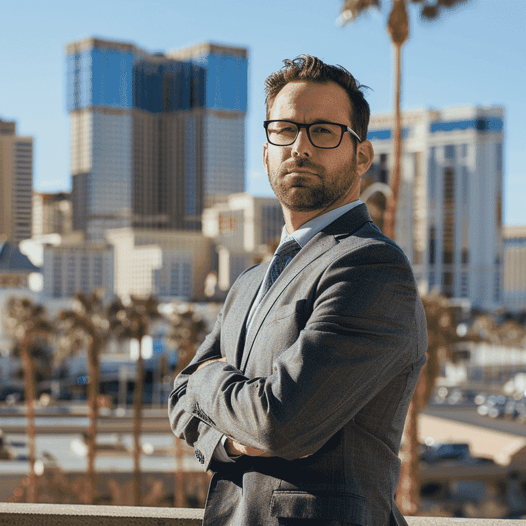 Confident Attorney in Front of Courthouse with Las Vegas Background