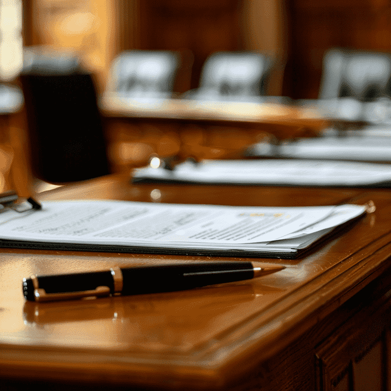 Defense Table in Courtroom with Legal Documents