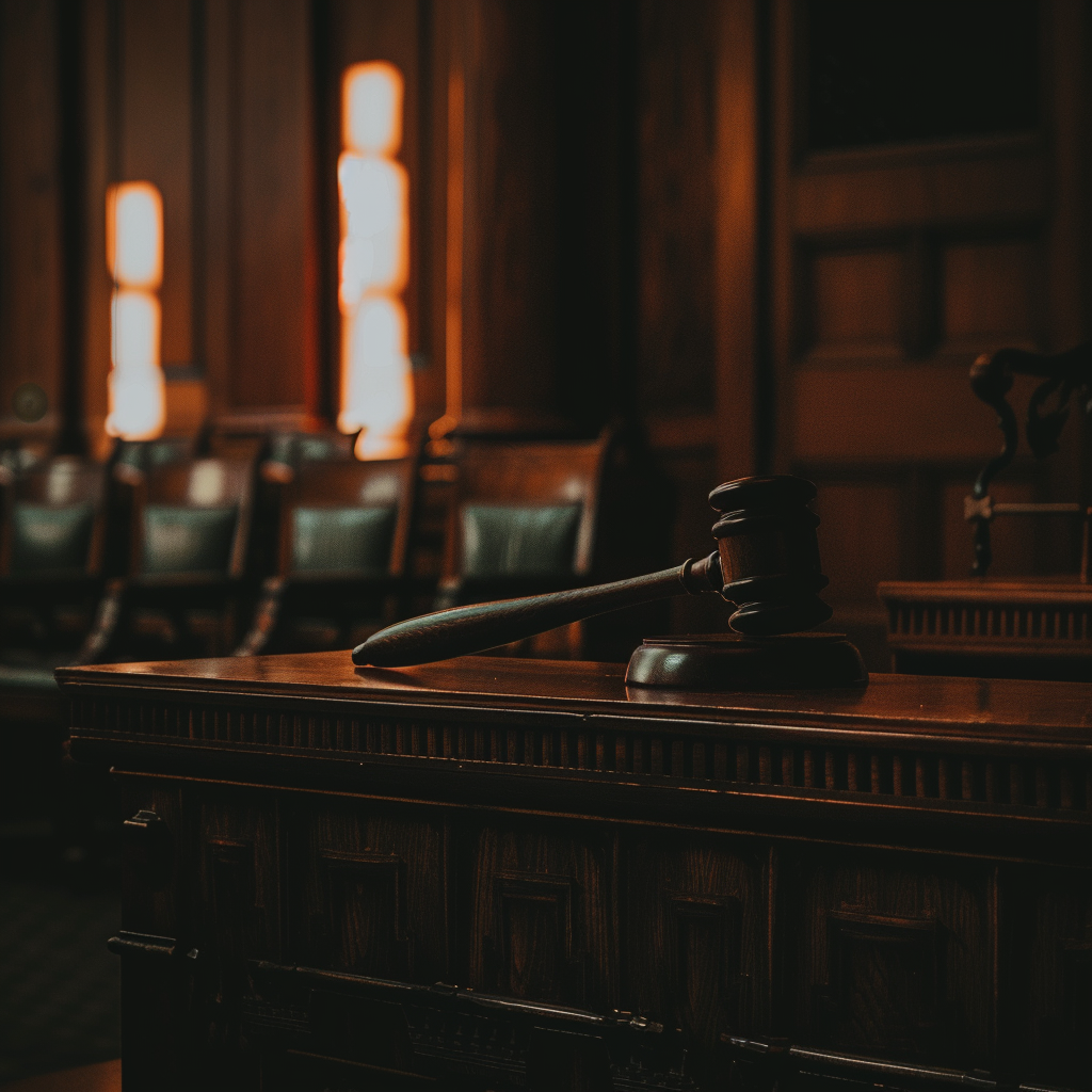 A courtroom with a gavel on the judge's bench, highlighting the legal consequences of overdrinking.