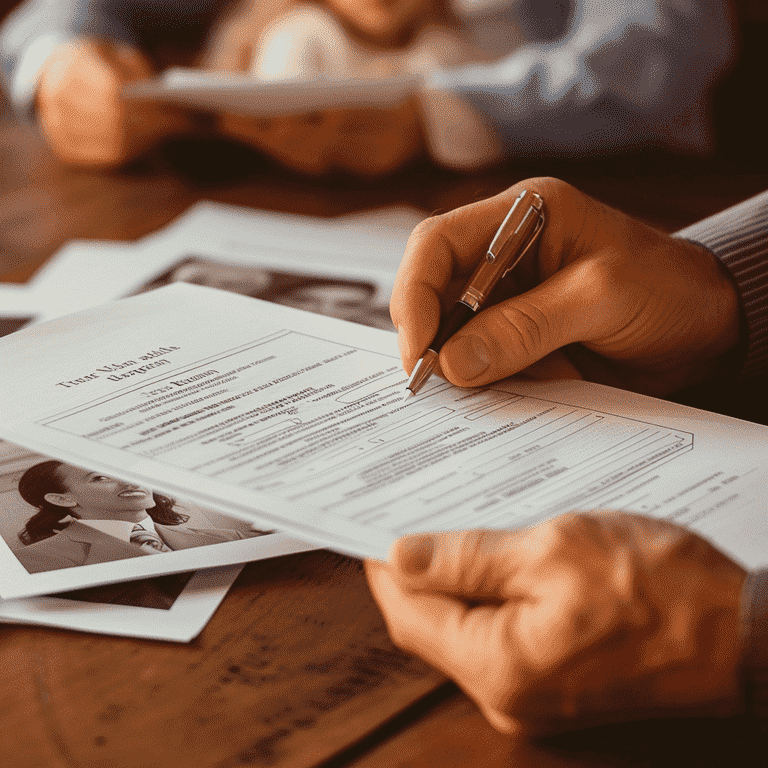 Hands holding essential estate planning documents with a family photo in the background