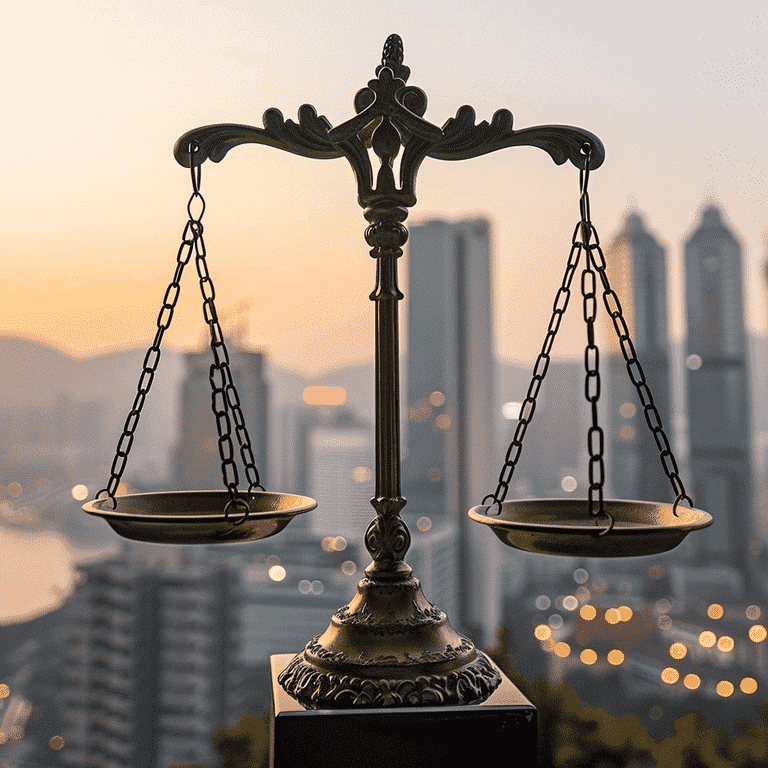 Balance Scale with City Skyline for Justice and Compensation