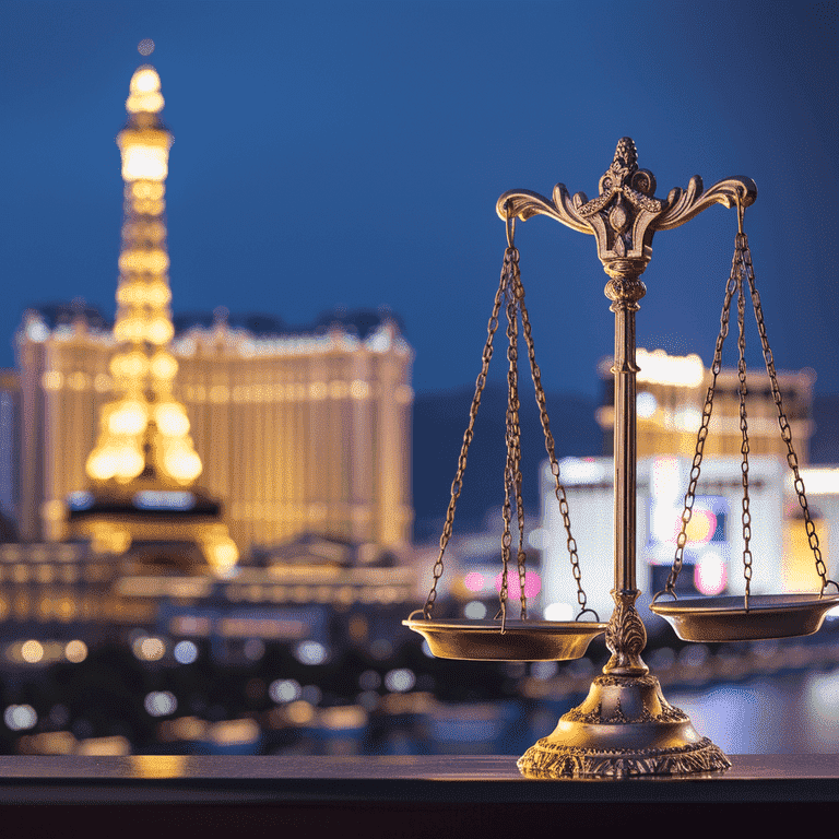 Scales of justice with Las Vegas skyline representing the balance of legal outcomes for assault and battery charges.