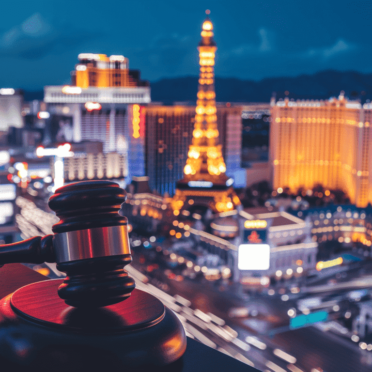 Las Vegas skyline at dusk with a transparent gavel overlay representing legal authority.