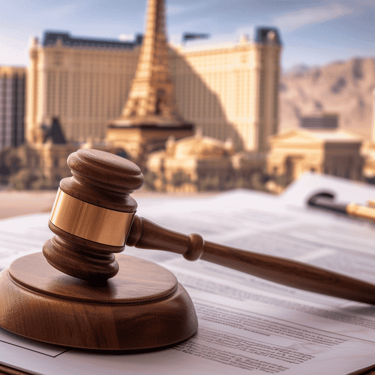 Gavel resting on legal documents with the Las Vegas courthouse in the background, symbolizing the legal proceedings for assault and battery cases.