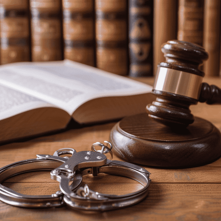 Judge's gavel and handcuffs on a table with a legal code book, depicting the gravity of sentencing for assault and battery offenses.