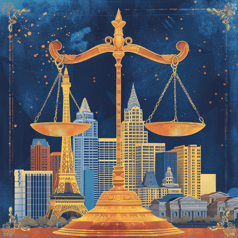 Las Vegas skyline with scales of justice overlay, representing personal injury law in the city.