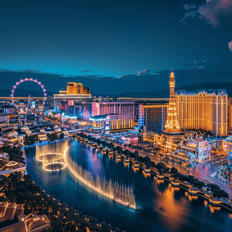 Panoramic night view of the Las Vegas Strip with vibrant lights.