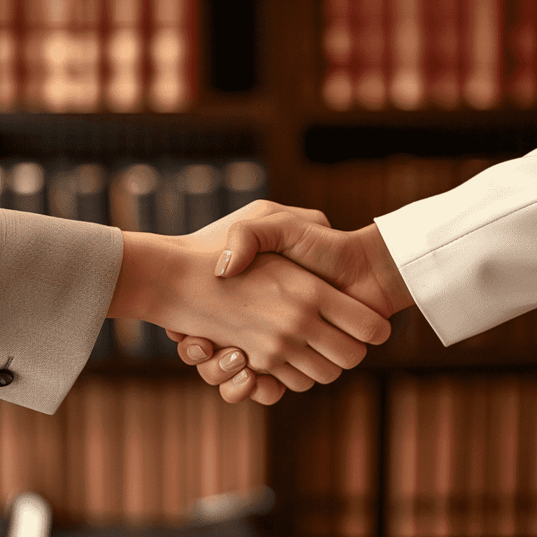 Client and lawyer handshake, signifying partnership.
