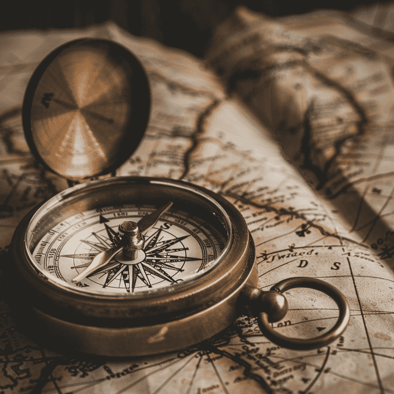 Navigational compass on an open map